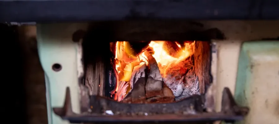 Close-up of a burning firewood in a vintage stove, providing warmth and nostalgia.