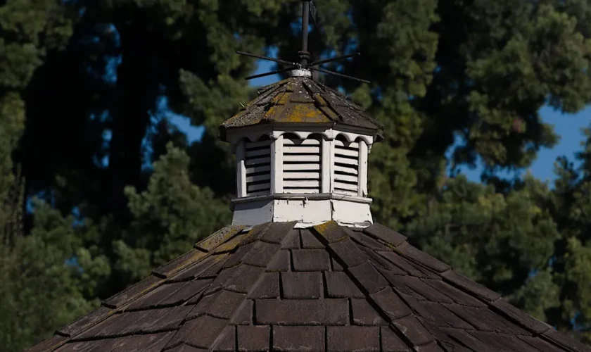 Close-up of a weathered wooden cupola atop a rustic shingle roof against a forested backdrop.