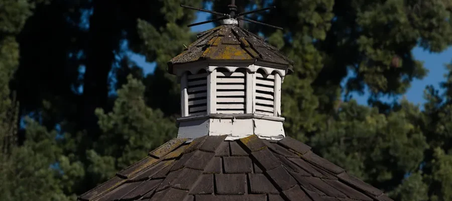Close-up of a weathered wooden cupola atop a rustic shingle roof against a forested backdrop.