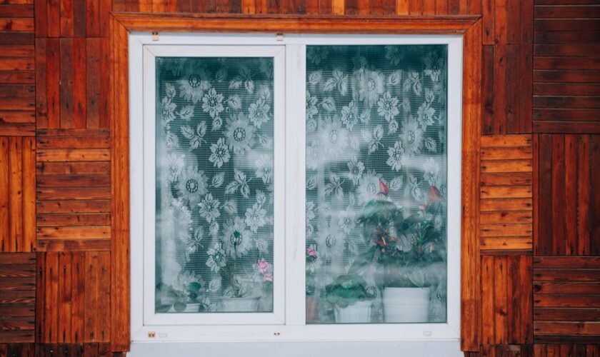 Close-up of a wooden house exterior with a floral curtain window revealing potted plants.