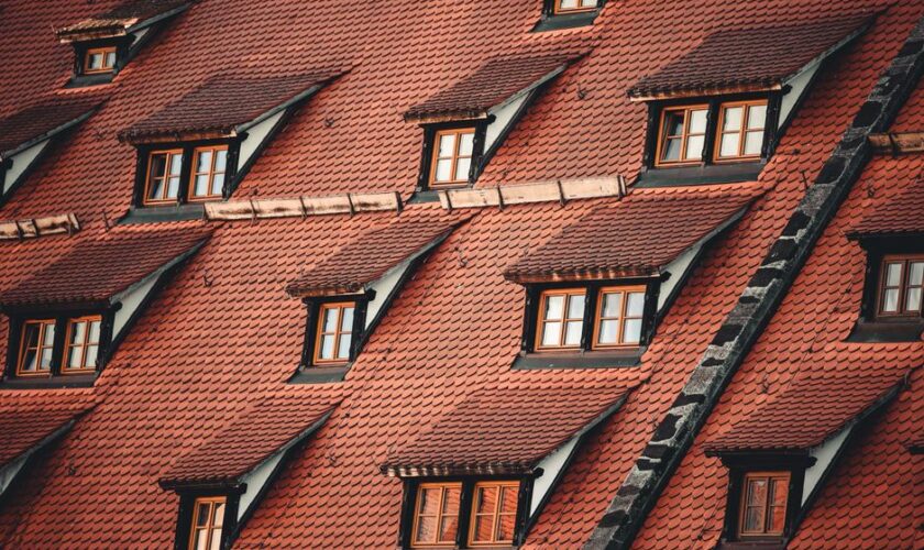 Close-up of red tile roofs and dormer windows in Nürnberg, Germany.