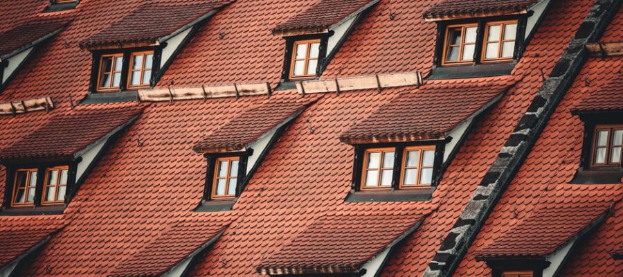 Close-up of red tile roofs and dormer windows in Nürnberg, Germany.