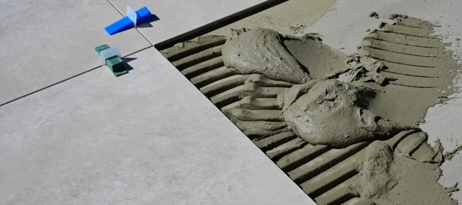 Close-up of wet cement and tile spacers during floor tile installation.