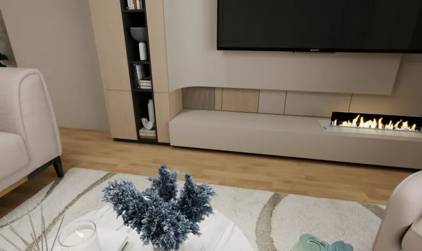 Contemporary living room interior featuring a stylish fireplace and minimalistic decor.