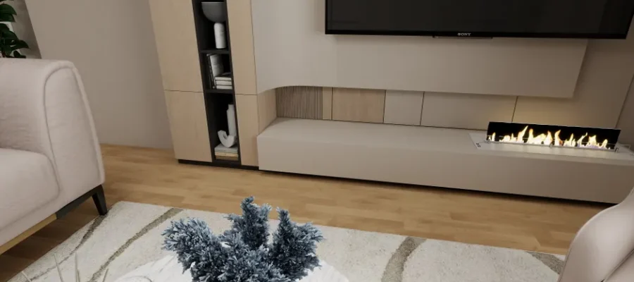 Contemporary living room interior featuring a stylish fireplace and minimalistic decor.