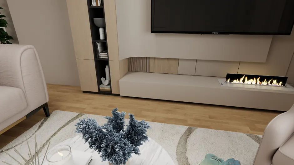 Contemporary living room interior featuring a stylish fireplace and minimalistic decor.
