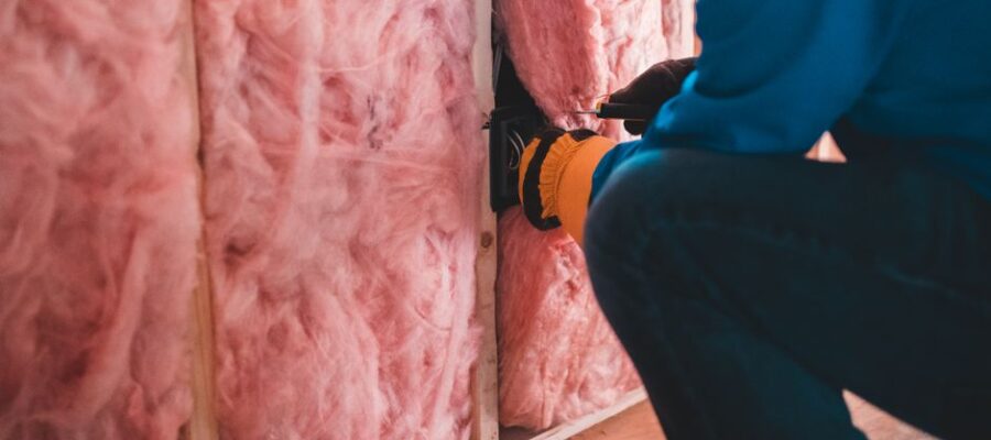 Crop unrecognizable worker in gloves sitting on haunches and insulating with pink stone wool