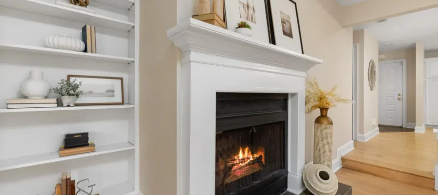 Elegant living room interior featuring a lit fireplace and decorative shelving.