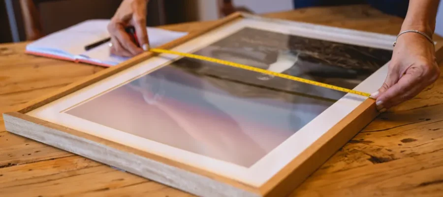 Hands using a tape measure to size a wooden picture frame on a wooden table indoors.