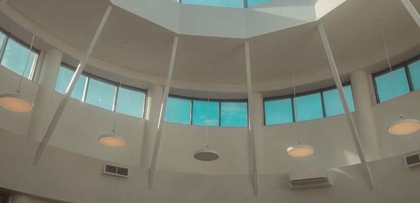Interior view of a modern dome ceiling with a circular skylight and suspended lights.