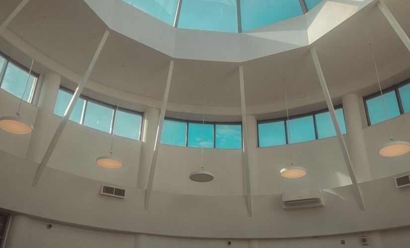 Interior view of a modern dome ceiling with a circular skylight and suspended lights.