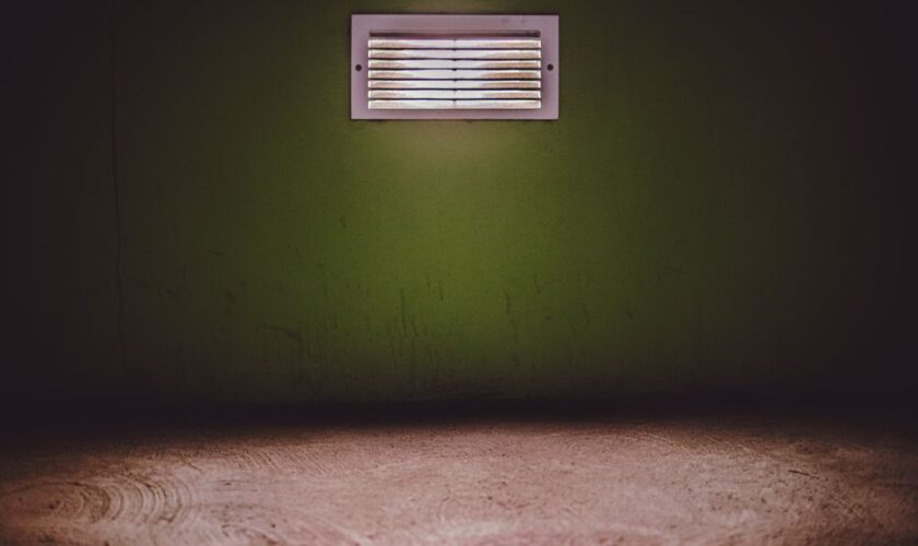 Moody room with a ventilation grate on a textured green wall.