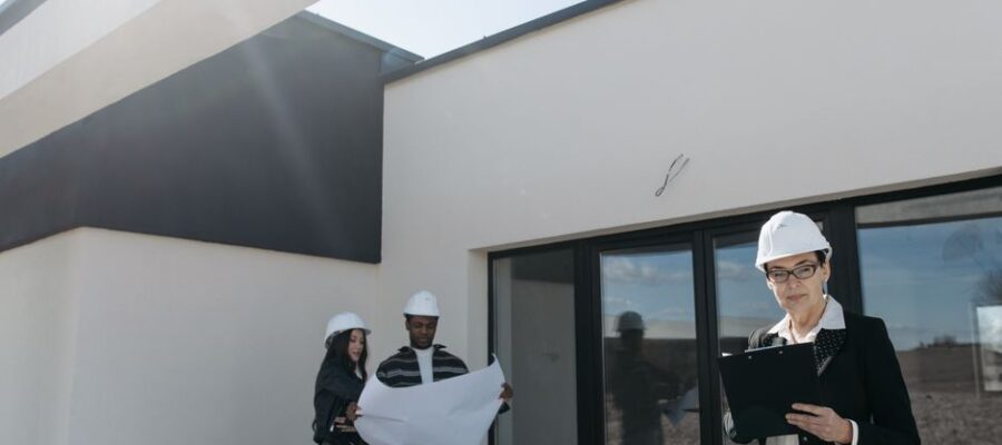Real estate professionals wearing helmets review building plans at a modern construction site.
