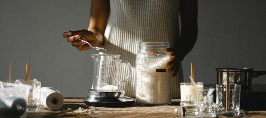 Unrecognizable skilled African American female standing at wooden table a nd weighting wax pellets in jar on scales while making candles