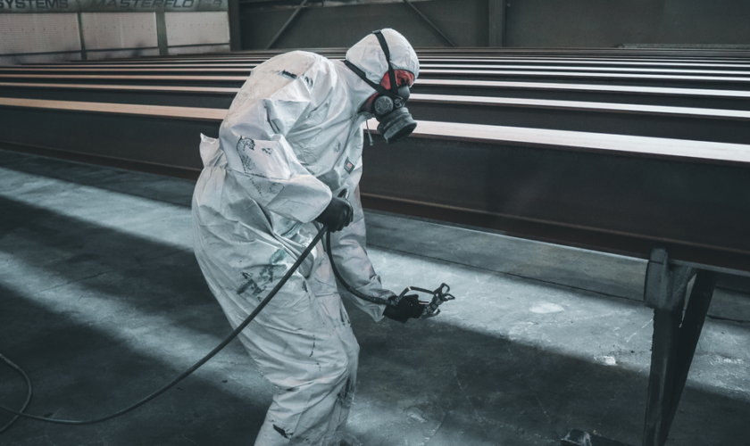 Worker in protective gear spray painting metal beams inside a factory setting.